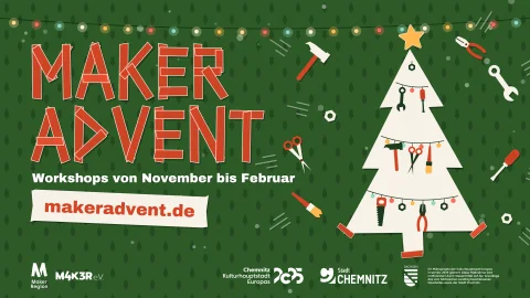 Maker Advent: Workshops von November bis Februar in Chemnitz und der Region. Festliches Motiv mit Werkzeugen und Weihnachtsbaum.